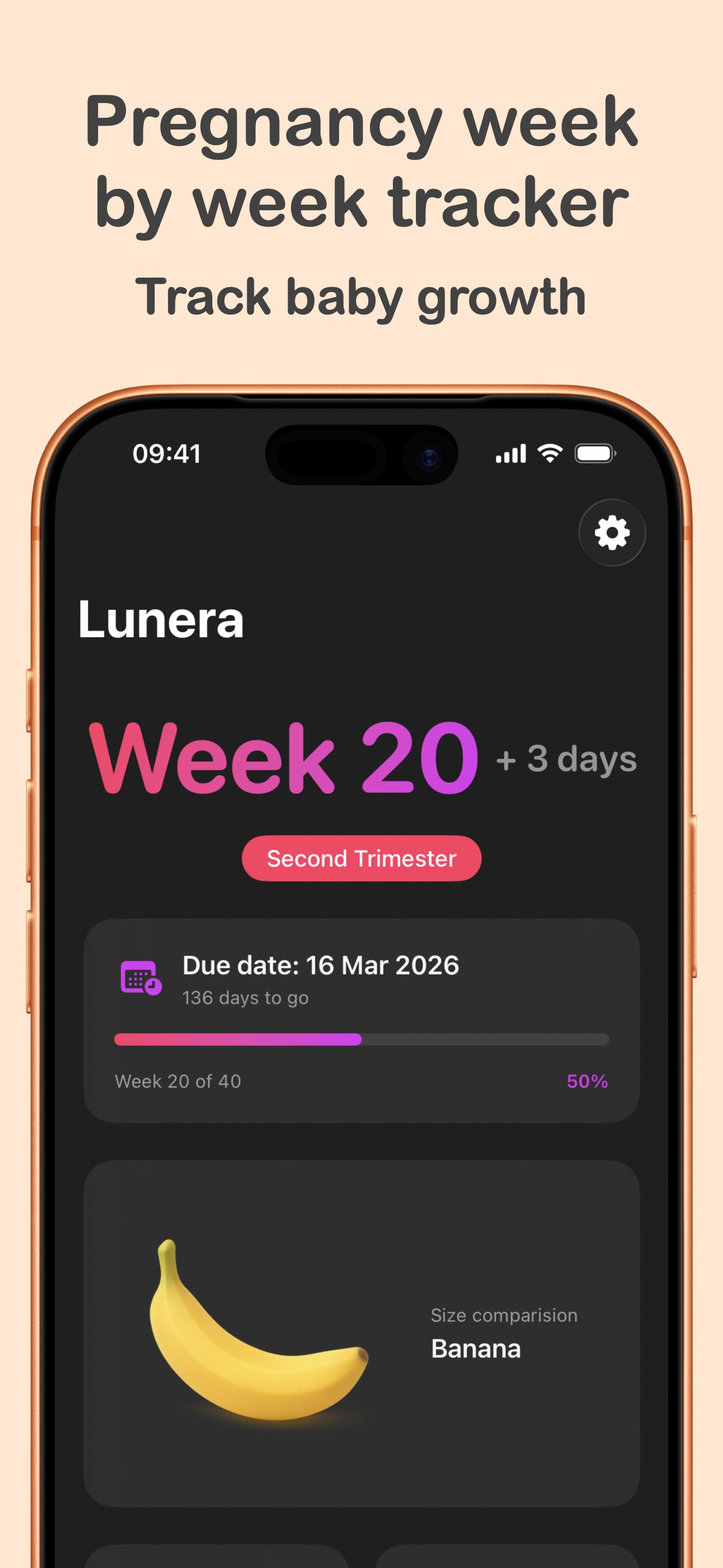 Lunera app home screen showing pregnancy week tracker