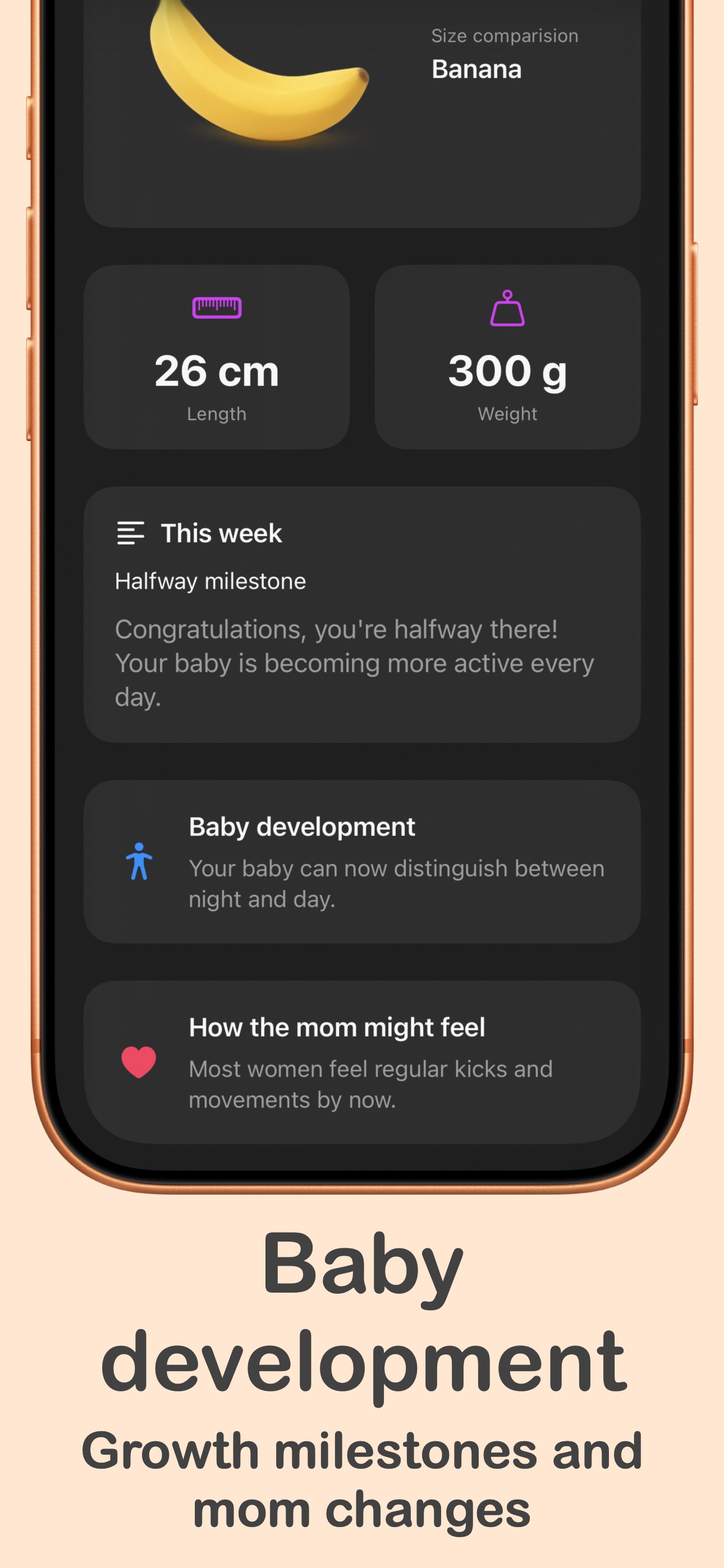 Baby development information and size comparison