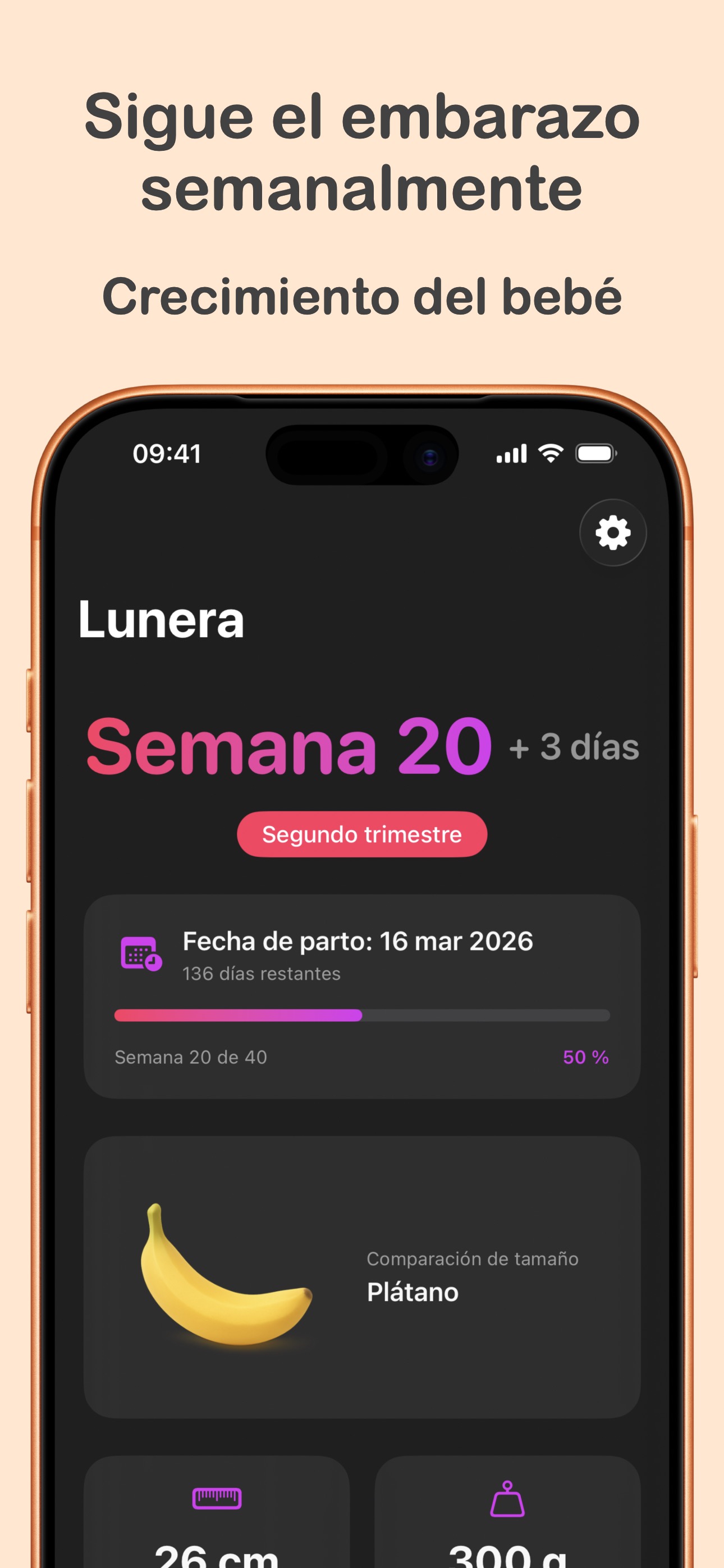 Pantalla principal de Lunera mostrando el seguimiento semanal del embarazo