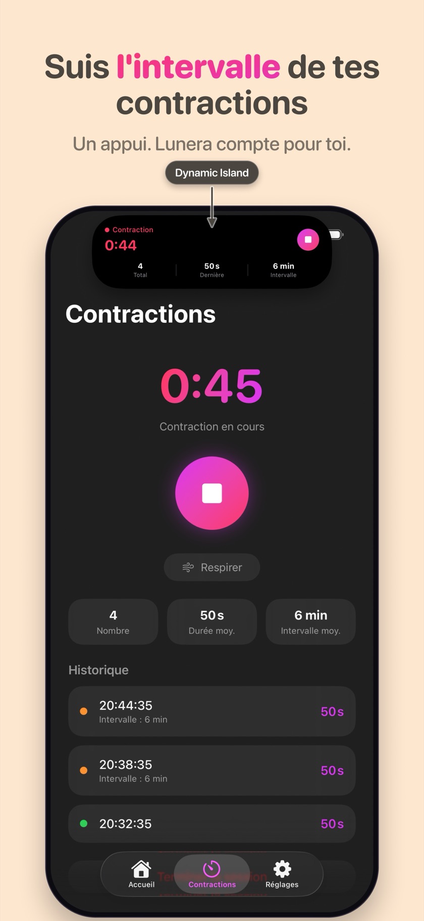Chronomètre de contractions Lunera en cours, montrant l’intervalle entre les contractions sans compter
