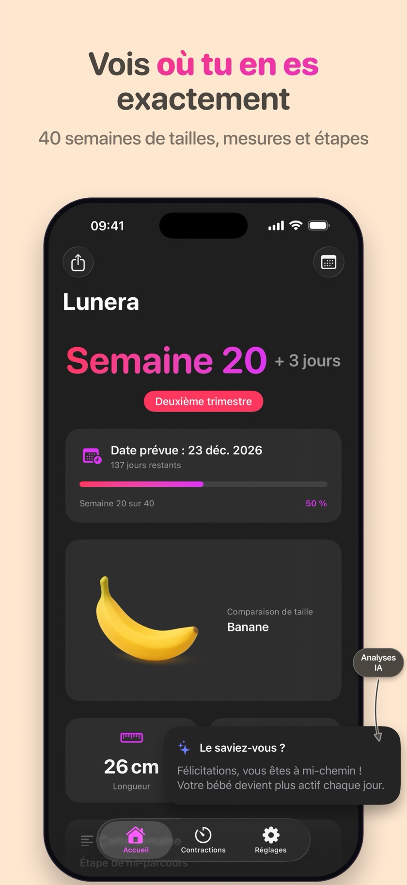 Écran d’accueil de Lunera : semaine 20 de grossesse, décompte jusqu’au terme, progression du trimestre et taille du bébé