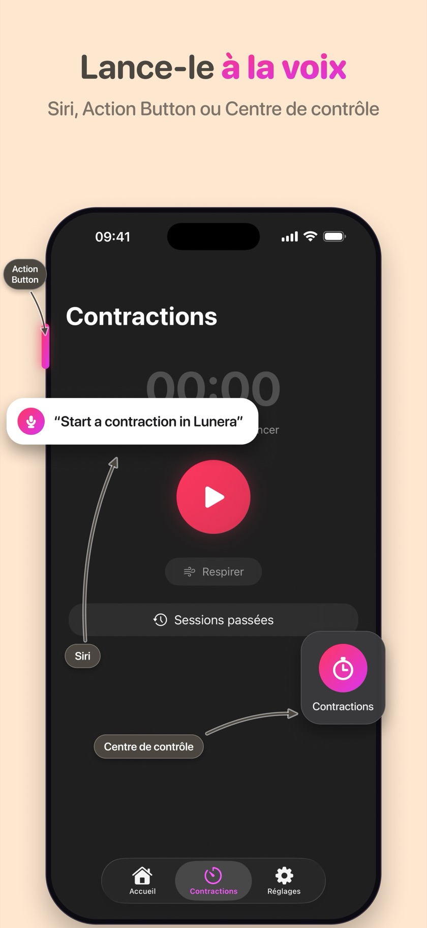 Démarrage mains libres du chronomètre de contractions Lunera avec Siri, le bouton Action ou le centre de contrôle
