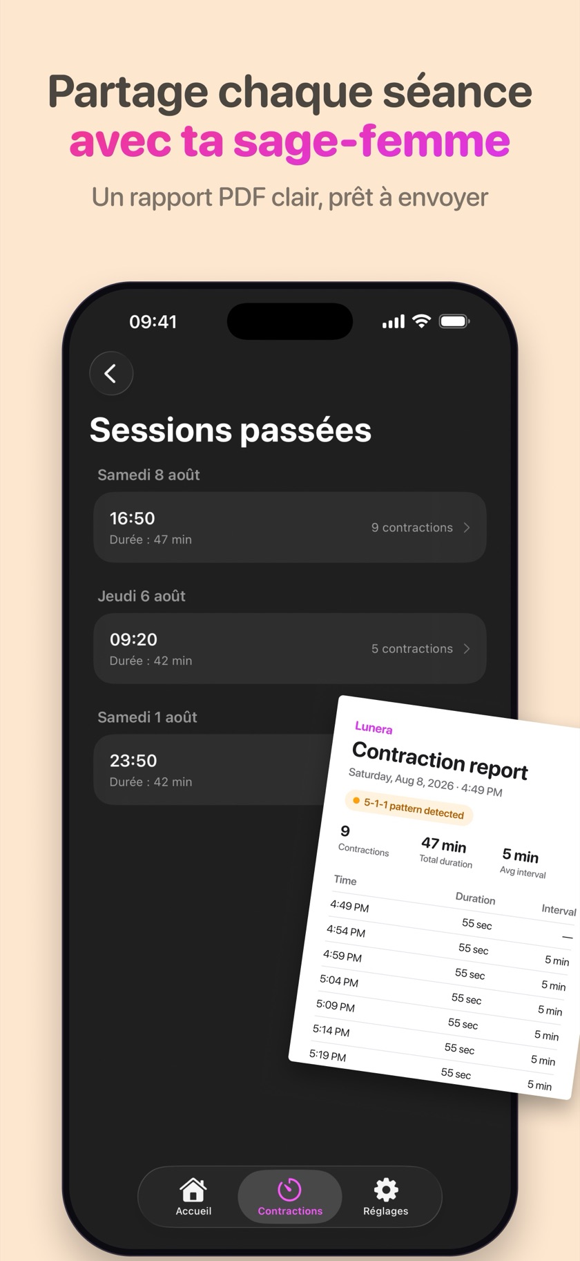 Historique des contractions Lunera avec un rapport PDF prêt à partager avec un médecin ou une sage-femme